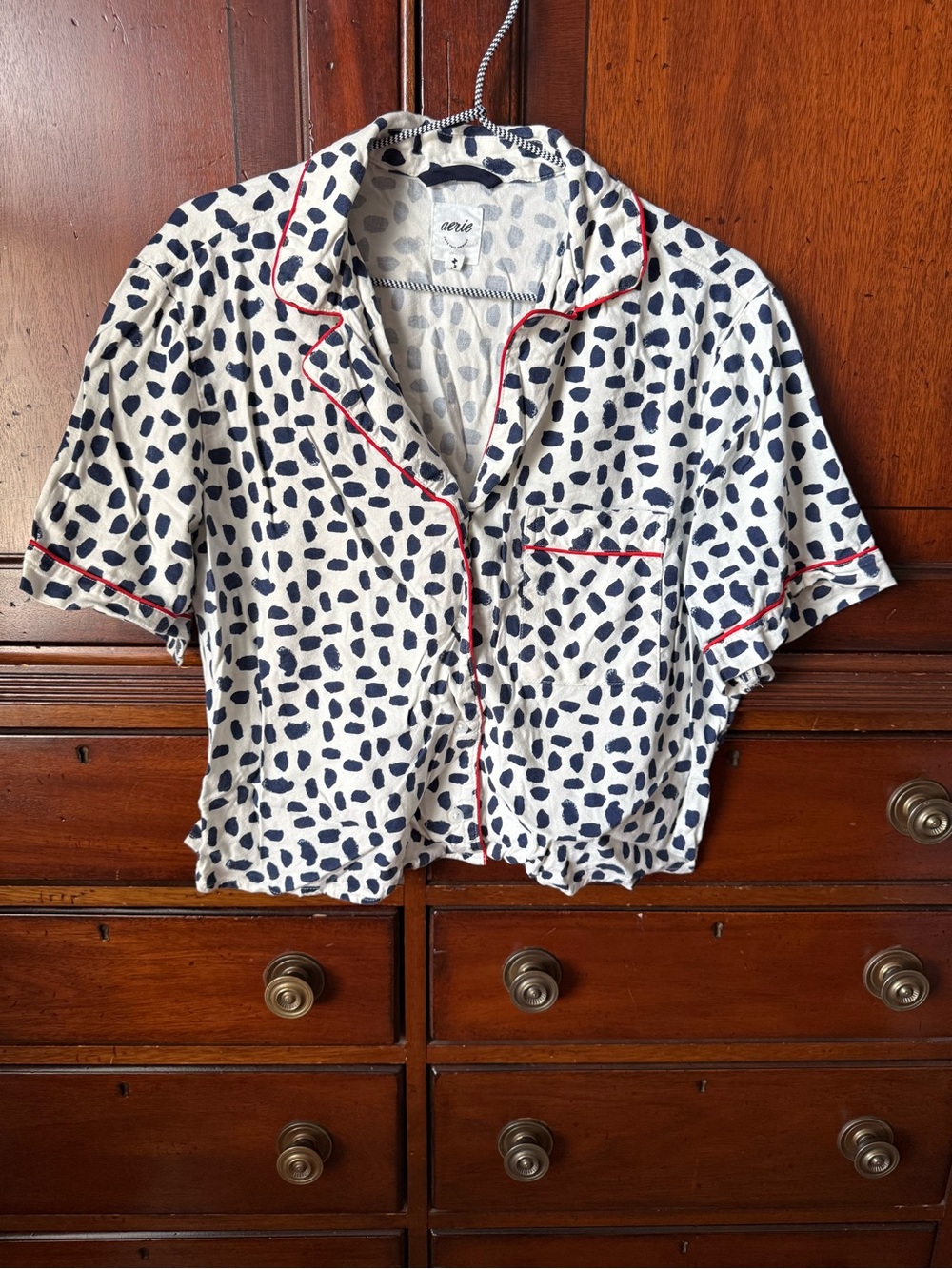 aerie White and Navy Spot Cropped Pajama Top with Red Trim